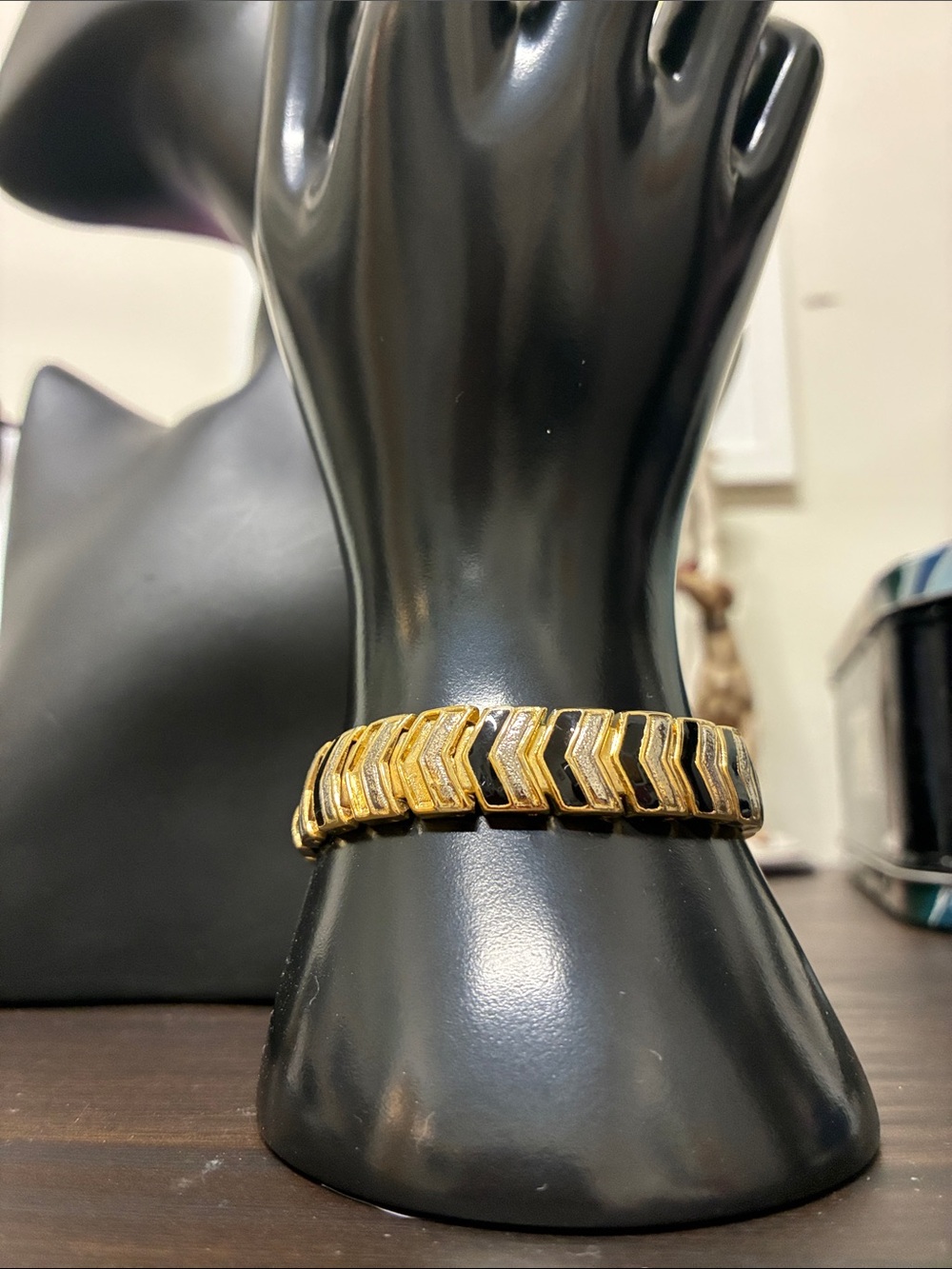 Vintage 80s Art Deco Revival Gold and Black Chevron Clasp Bracelet